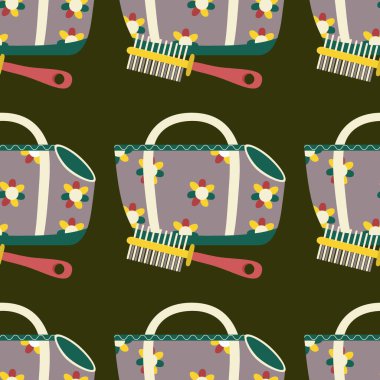 Taşıyıcı desenli, hayvanlar için çanta, kediler, köpekler, taraklı hayvan bakımı. Düz vektör illüstrasyonu.