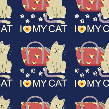 Taşıyıcı şablon, hayvanlar için çanta, kediler, köpekler, mesaj kedimi seviyorum, evcil hayvan bakımı. Düz vektör illüstrasyonu.