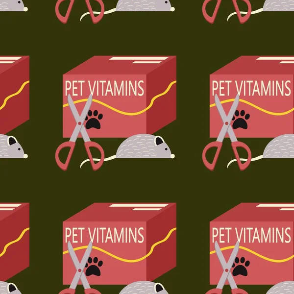 Pattern with vitamins for animals, cats, dogs, toy mouse and scissors, pet care. Flat vector illustration.