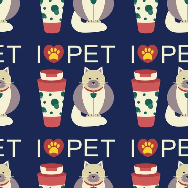 Pattern with a bottle of shampoo for animals, cats, dogs, and the text I love pet, pet care. Flat vector illustration.