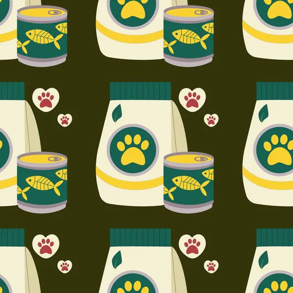 Pattern with a set of food for animals, cats, dogs, canned food, fish, pet care. Flat vector illustration.