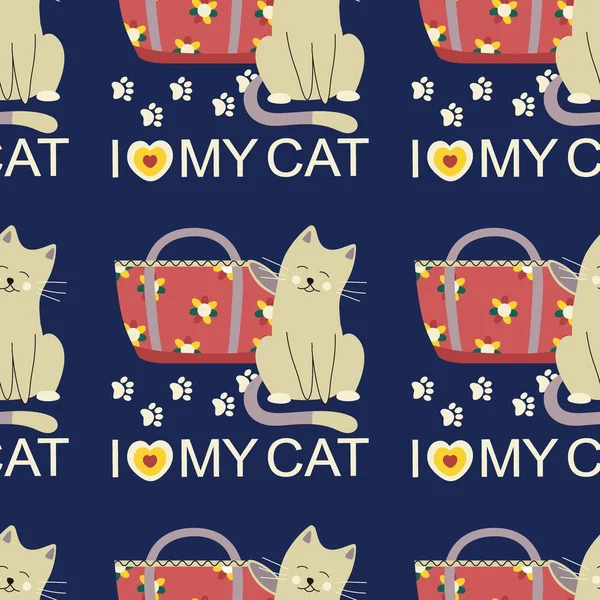 Pattern with carrier, bag for animals, cats, dogs, text I love my cat, pet care. Flat vector illustration.