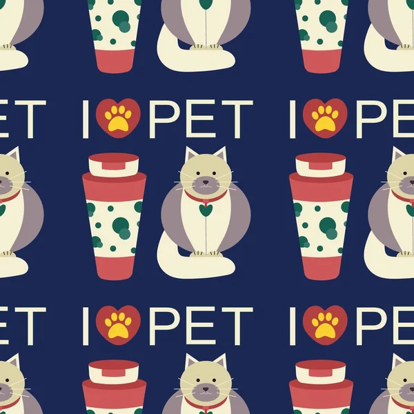 Pattern with a bottle of shampoo for animals, cats, dogs, and the text I love pet, pet care. Flat vector illustration.
