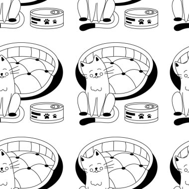 Yataklı şablon, hayvanlar için yastık, kediler, köpekler, konserve yiyecekler, hayvan bakımı. Çizgi çalışması. Vektör illüstrasyonu.