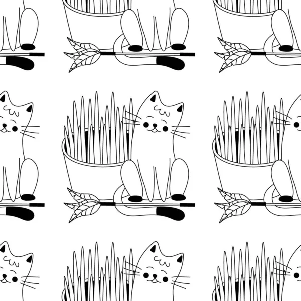 Grass pattern for animals, cats, dogs, toy with feathers on a stick, pet care. Line art. Vector illustration.