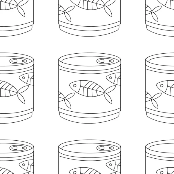 Pattern with canned fish, for animals, cats, tin can with fish label. Line art. Vector illustration isolated on white background.
