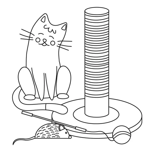 Set of elements for animals, cats, claw sharpener, toy mouse, ball on a stick, cute cat. Line art, vector illustration.