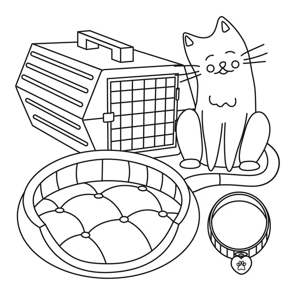 Set of elements for animals, cats, dogs, bag, carrier, pet pillow, collar with medallion. Line art, vector illustration.
