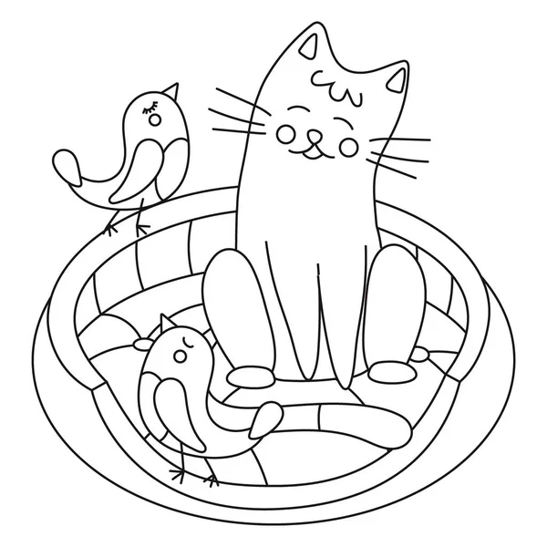 Set of elements for animals, cats, dogs, pillow for pets, birds with a cat. Line art, vector illustration.