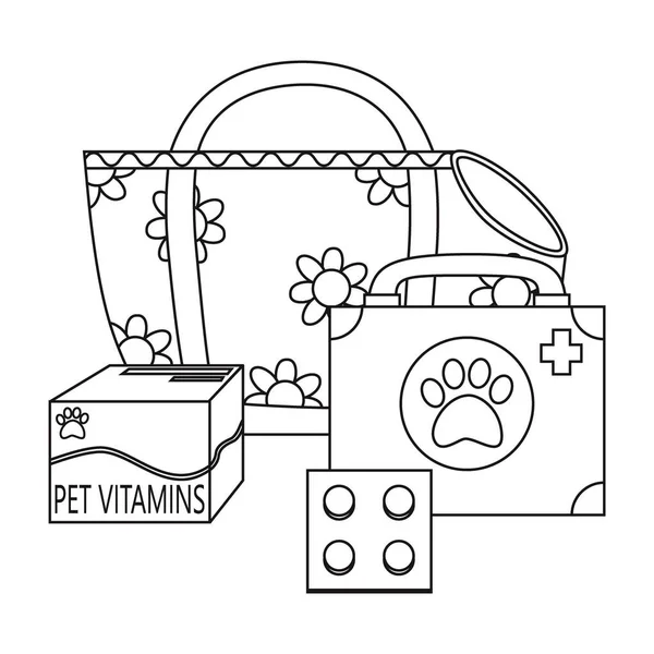 Set of elements for animals, cats, dogs, bag, carrier, medicine, first aid kit, vitamins. Line art, vector illustration.