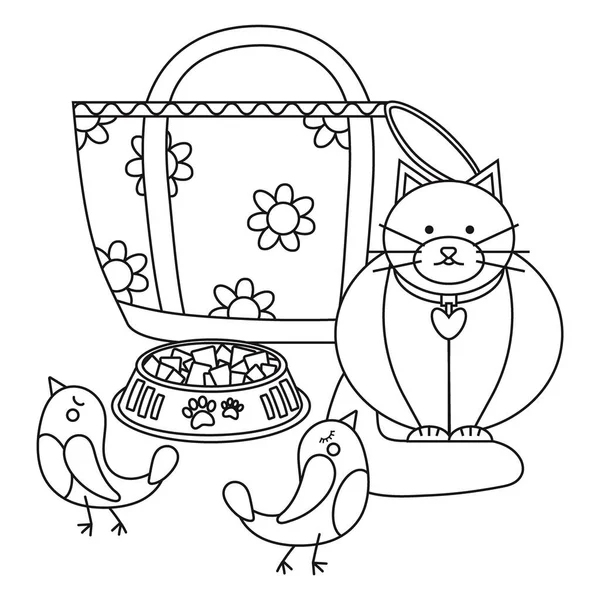 バッグ キャリア 猫を持つ鳥や食べ物 飼料を持つプレートの要素のセット 線画ベクトル図 — ストックベクタ