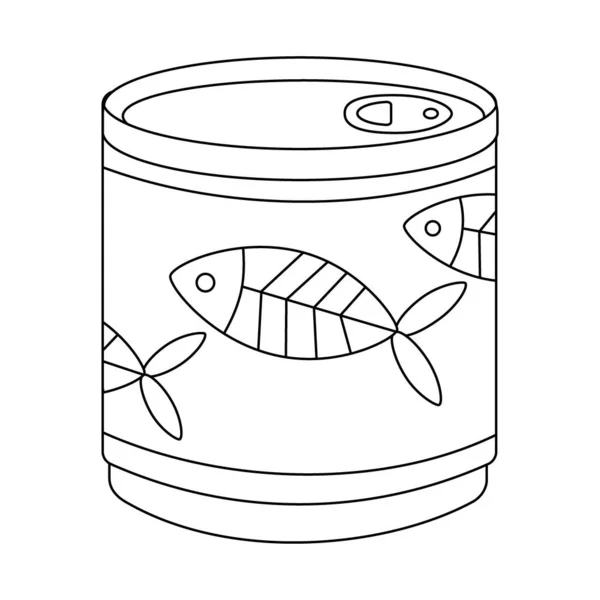 Fischkonserven Für Tiere Katzen Blechdose Mit Fischetikett Linienkunst Vektor Illustration — Stockvektor