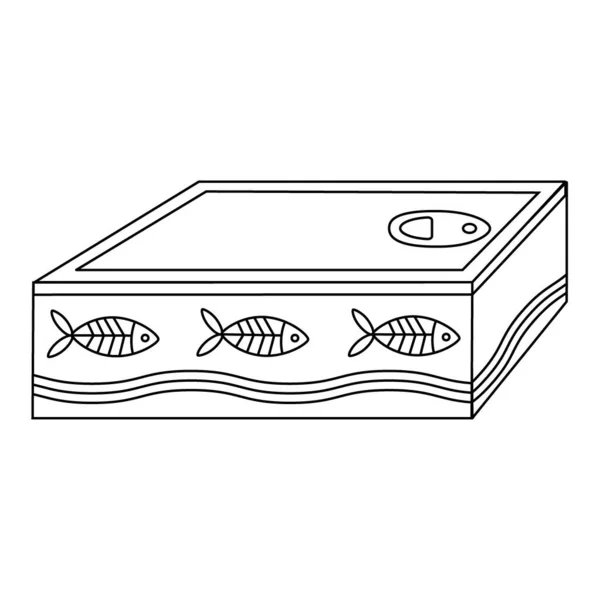Fischkonserven Für Tiere Katzen Quadratische Blechdose Mit Fischetikett Linienkunst Vektor — Stockvektor