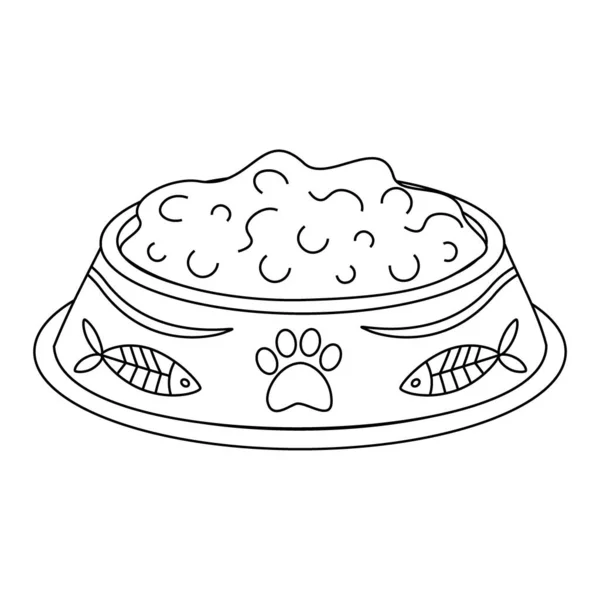 Bowl with food for animals, cats, dogs with a paw, fish. Line art. Vector illustration isolated on white background.