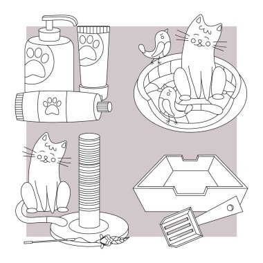 Hayvanlar, kediler, köpekler için bir takım elementler. Hayvan bakımı. Çizgi çalışması. Düz vektör çizimi beyaz arkaplanda izole edildi.