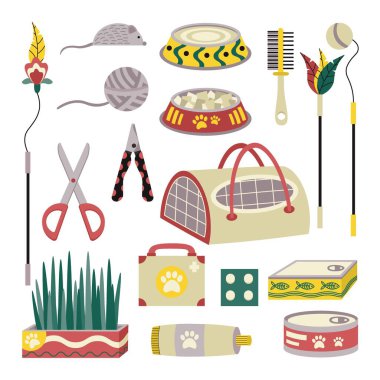 Hayvanlar, kediler, köpekler için bir takım elementler. Hayvan bakımı. Düz vektör çizimi beyaz arkaplanda izole edildi.
