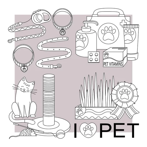 Set of elements for animals, cats, dogs. Pet care. Line art. Flat vector illustration isolated on white background.
