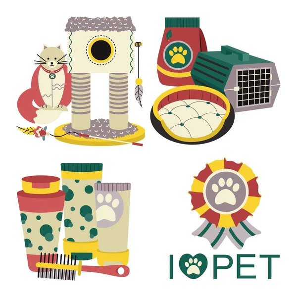 Set of elements for animals, cats, dogs. Pet care. Flat vector illustration isolated on white background.