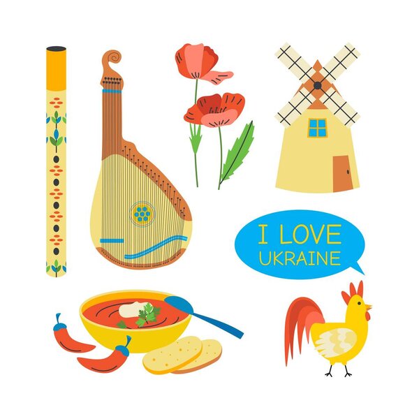 Pipe, bandura, poppy flowers, mill, borscht, rooster, text I love Ukraine. A set of elements of Ukrainian symbols. Flat vector illustration isolated on white background.
