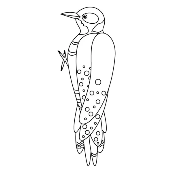 Lindo Pájaro Carpintero Dibujos Animados Arte Línea Ilustración Vectorial Aislada — Vector de stock