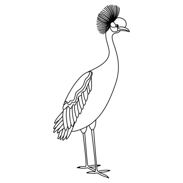 Roztomilý Kreslený Jeřábí Pták Linkové Umění Vektorové Ilustrace Izolované Bílém — Stockový vektor