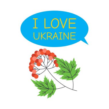 Viburnum 'lu şube. Ukrayna 'yı seviyorum mesajı. Ukrayna sembolleri. Düz vektör çizimi beyaz arkaplanda izole edildi.