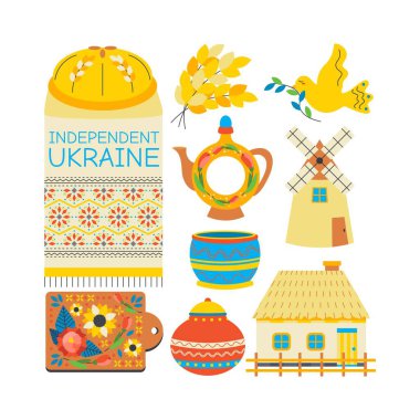 Bir takım elementler somun, ev, değirmen, bağımsız Ukrayna, nakışlı havlu, kap, ekmek, buğday, kuş, süs. Ukrayna sembolleri.