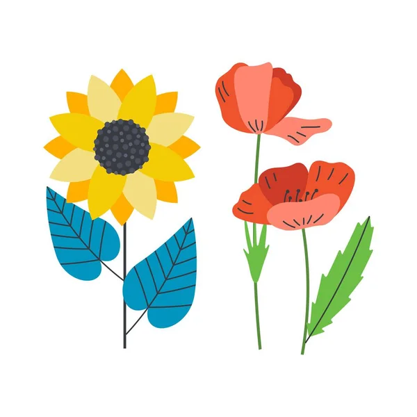 Poppy flowers and sunflowers. Ukrainian symbols. Flat vector illustration isolated on white background.
