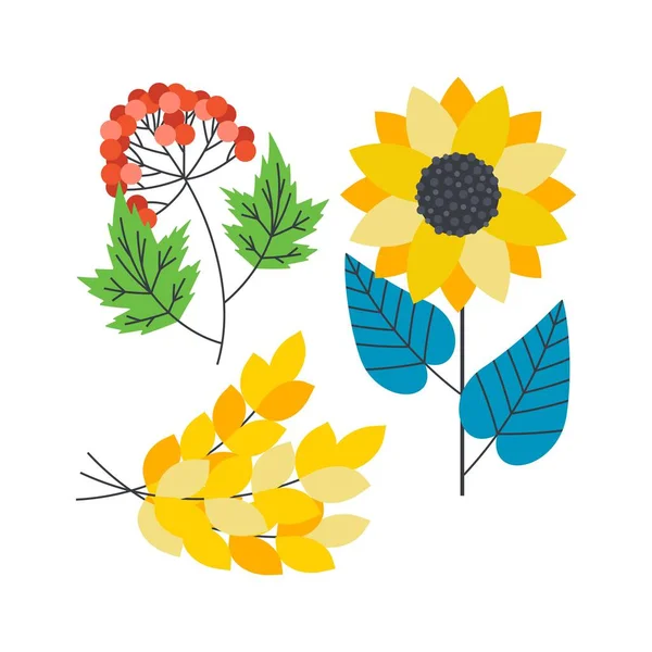 Branch Viburnum Sheaf Wheat Sunflower Flower Ukrainian Symbols Flat Vector — Stock Vector