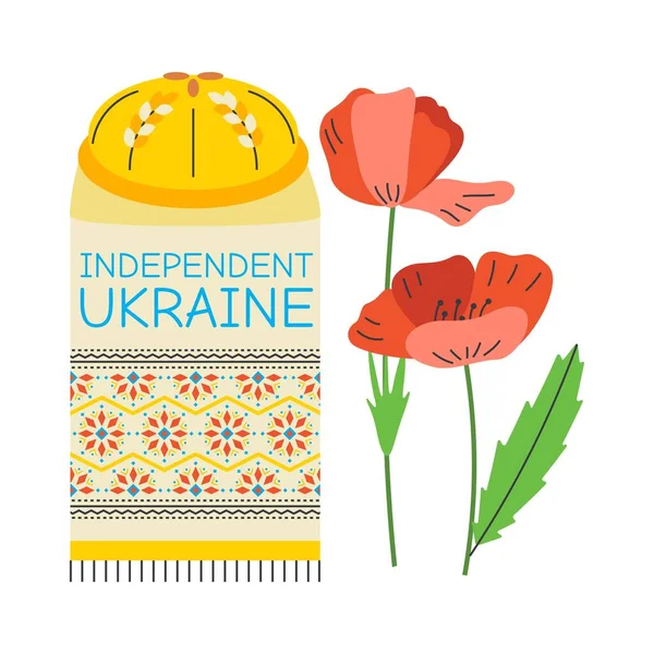 用独立于乌克兰的文本嵌入毛巾 罂粟花 乌克兰语符号白色背景上孤立的平面矢量图解 — 图库矢量图片