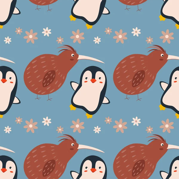 Wzór Kiwi Pingwinami Ilustracja Wektora Płaskiego — Wektor stockowy
