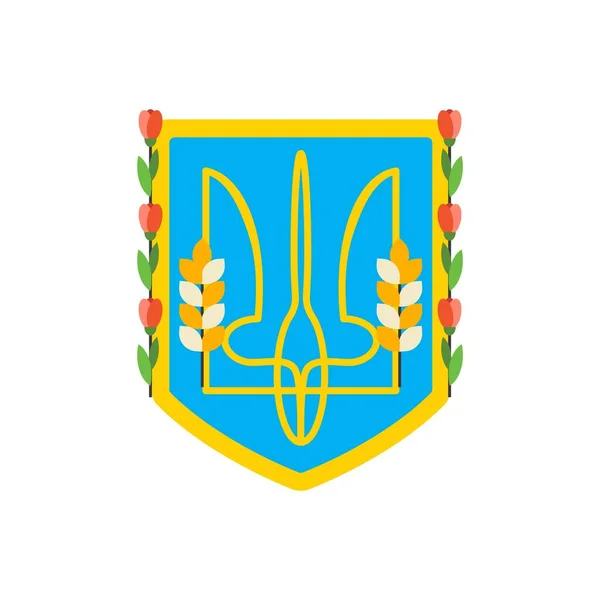Escudo Armas Ucrania Con Flores Símbolos Ucranianos Ilustración Plana Vectorial — Vector de stock