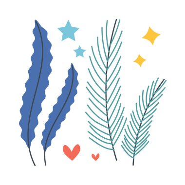 Çizgi film tarzında deniz yosunu kümesi. Vektör illüstrasyonu beyaz arkaplanda izole edildi.