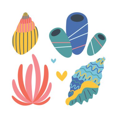 Deniz yosunu seti, düz çizgi film tarzında deniz kabukları. Vektör illüstrasyonu beyaz arkaplanda izole edildi.