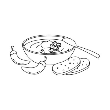 Ekşi kremalı borş, Ukrayna yemeği. Ukrayna sembolleri. Çizgi çalışması. Vektör illüstrasyonu beyaz arkaplanda izole edildi.