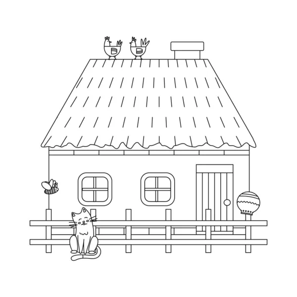 Egy Ház Kerítéssel Macskával Madarakkal Csirkékkel Ukrán Szimbólumok Vonalművészet Vektor — Stock Vector