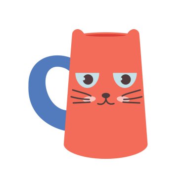 Bulaşıklar. Tatlı kedi şeklinde kırmızı bir kupa. Düz vektör çizimi beyaz arkaplanda izole edildi.