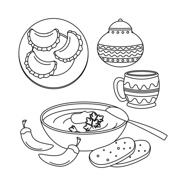 Dumplings Plato Borscht Jarra Taza Símbolos Ucranianos Arte Línea Ilustración — Archivo Imágenes Vectoriales
