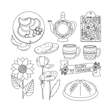Bir takım elementler somun, hamur köftesi, kap, ekmek, Ukrayna bayrağı gelincik çiçekleri, ayçiçeği, Ukrayna 'nın ihtişamı. Ukrayna sembolleri.