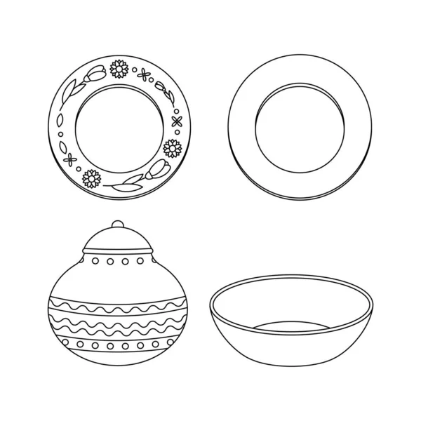 Set Dishes Plates Bowls Floral Ornaments Ukrainian Symbols Line Art — Stock Vector