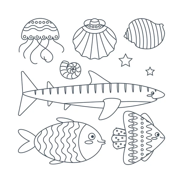 Set Sea Elements Fish Jellyfish Shark Shells Flat Cartoon Style — Stock Vector
