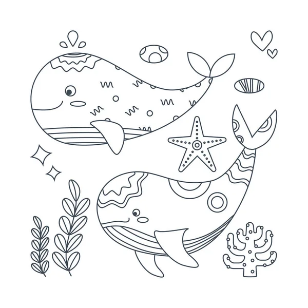 海の要素の魚 ヒトデ フラット漫画のスタイルでクジラのセット 線画だ 白を基調としたベクトルイラスト — ストックベクタ