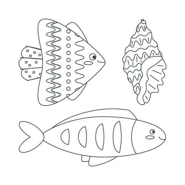Set Marine Elements Fish Shells Flat Cartoon Style Line Art — Stock Vector