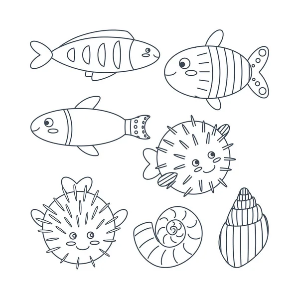 Set Aus Marinen Elementen Von Fischen Kugelfischen Muscheln Flachen Cartoon — Stockvektor