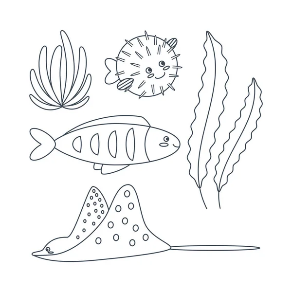 Set Marine Elements Fish Puffer Fish Seaweed Flat Cartoon Style — Stock Vector