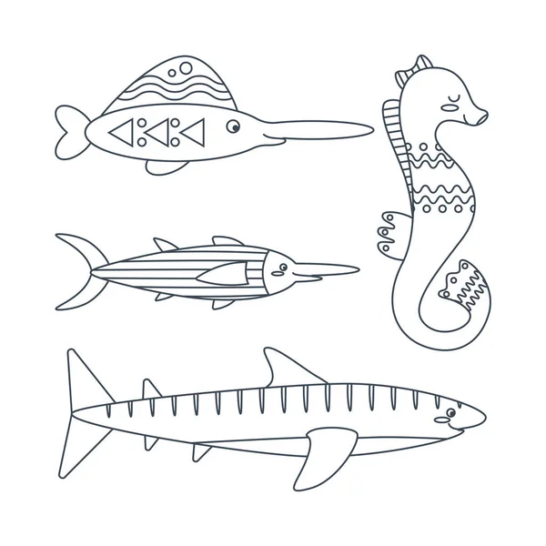 Set Aus Marinen Elementen Schwertfisch Hai Seepferdchen Flachen Cartoon Stil — Stockvektor