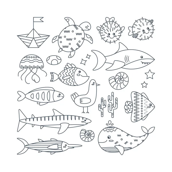Set Marine Elements Seaweed Turtle Boat Jellyfish Puffer Fish Fish — Stock Vector
