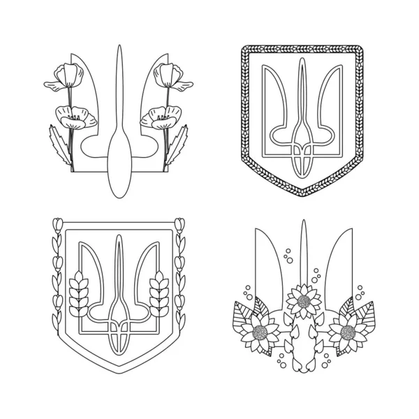 Wappen Der Ukraine Mit Blumen Mohn Sonnenblumen Ukrainische Symbole Linienkunst — Stockvektor