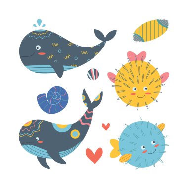 Deniz unsurları, deniz kabukları, kirpi balığı, çizgi film tarzında balina. Vektör illüstrasyonu beyaz arkaplanda izole edildi.