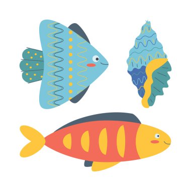 Balıkların deniz unsurları, düz çizgi film tarzında kabuklar. Vektör illüstrasyonu beyaz arkaplanda izole edildi.